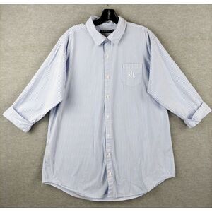 LRL Mens Shirt Extra Large Blue White Stripe Half‎ Sleeve Monogram Preppy Casual